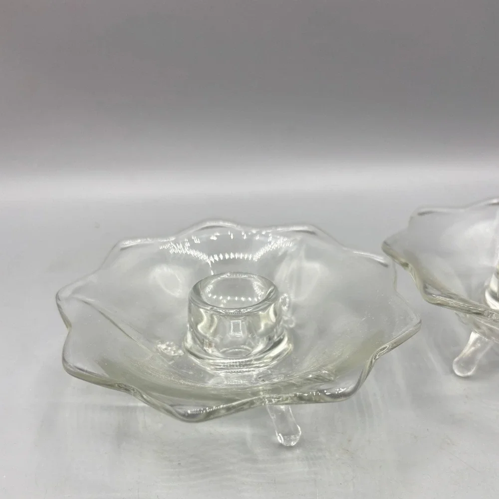 Vintage Clear Pressed Glass Scalloped Taper Candle Holders‎ Tripod Footed Pair